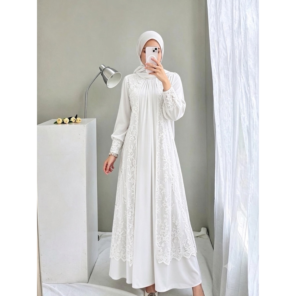 Kirana Maxi Dress Muslimah Brokat Bordir Mewah Gamis Formal Wanita Dress Muslimah Elegan Full Panjan