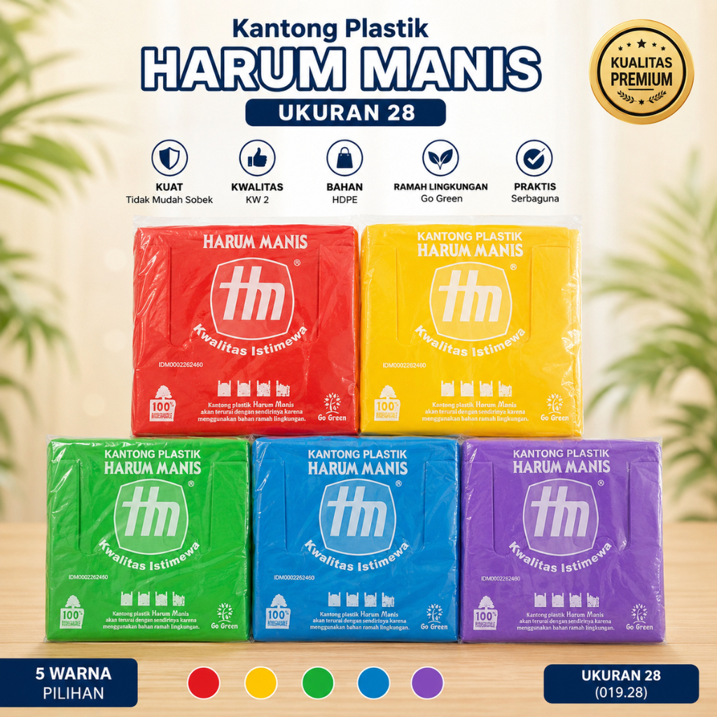 Kantong plastik HDPE HarumManis WARNA WARNI ukuran 28