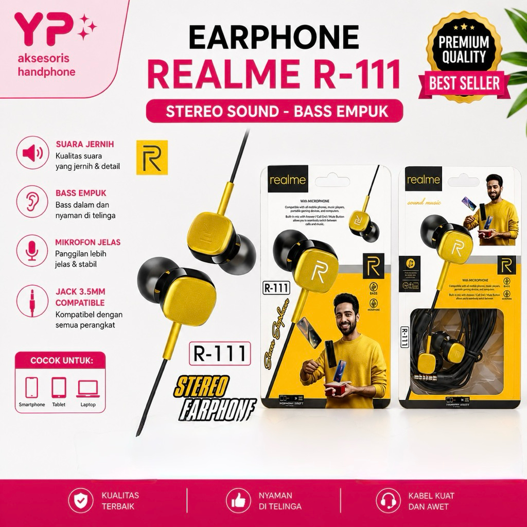 Earphone - Handsfree - Headset REALME R-111 Stereo Music Universal Mic R111