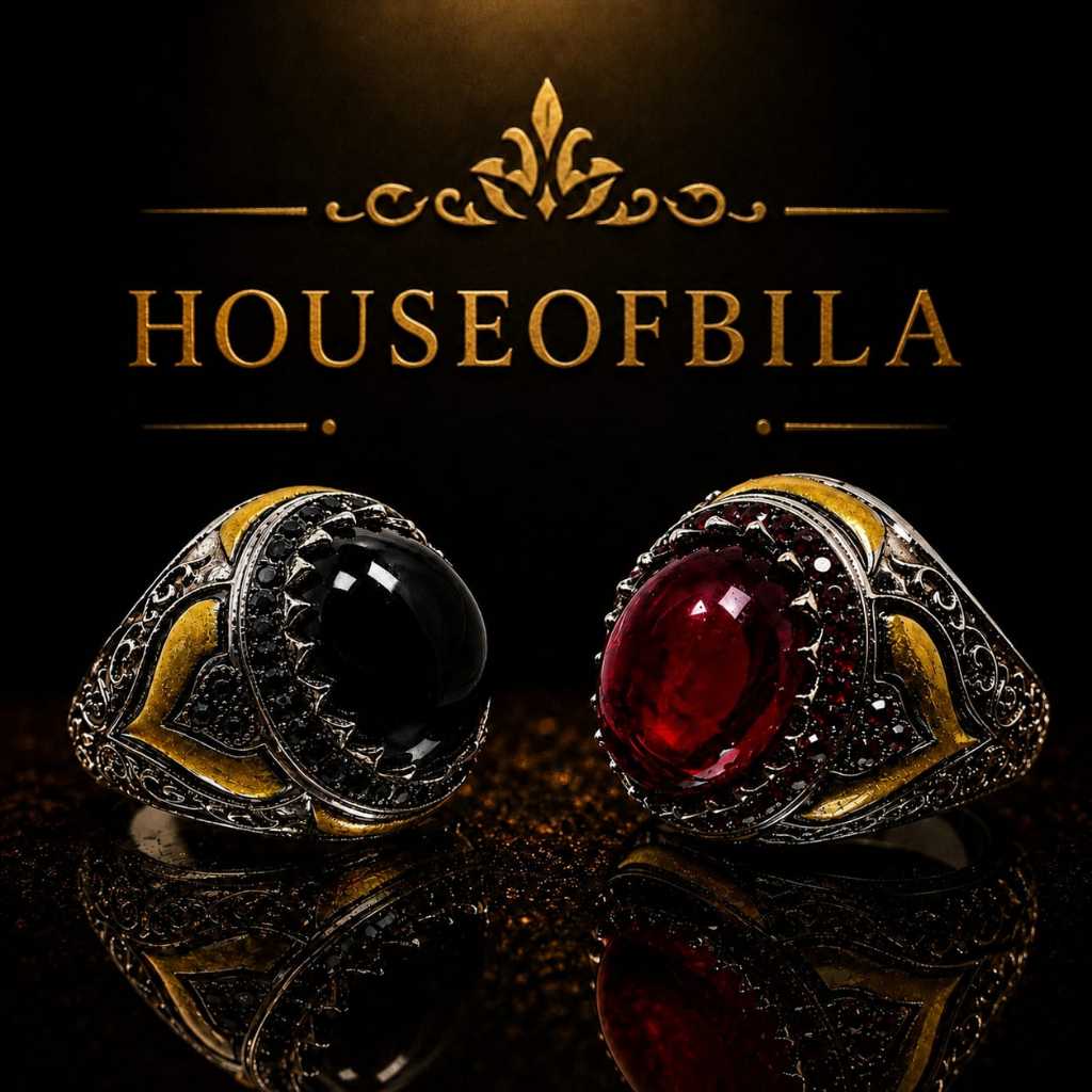 Cincin Titanium Pria Obsidian Batu Hitam Merah Aesthetic