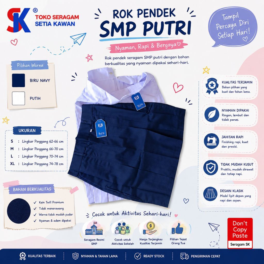 Rok pendek SMP Span 2 Putih Biru Hitam / Rok Span pendek SMP/ Rok Paskibra SMP