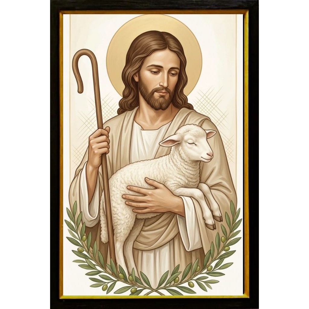 HIASAN DINDING YESUS DAN DOMBA GAMBAR CETAK+BINGKAI UK 45X65CM