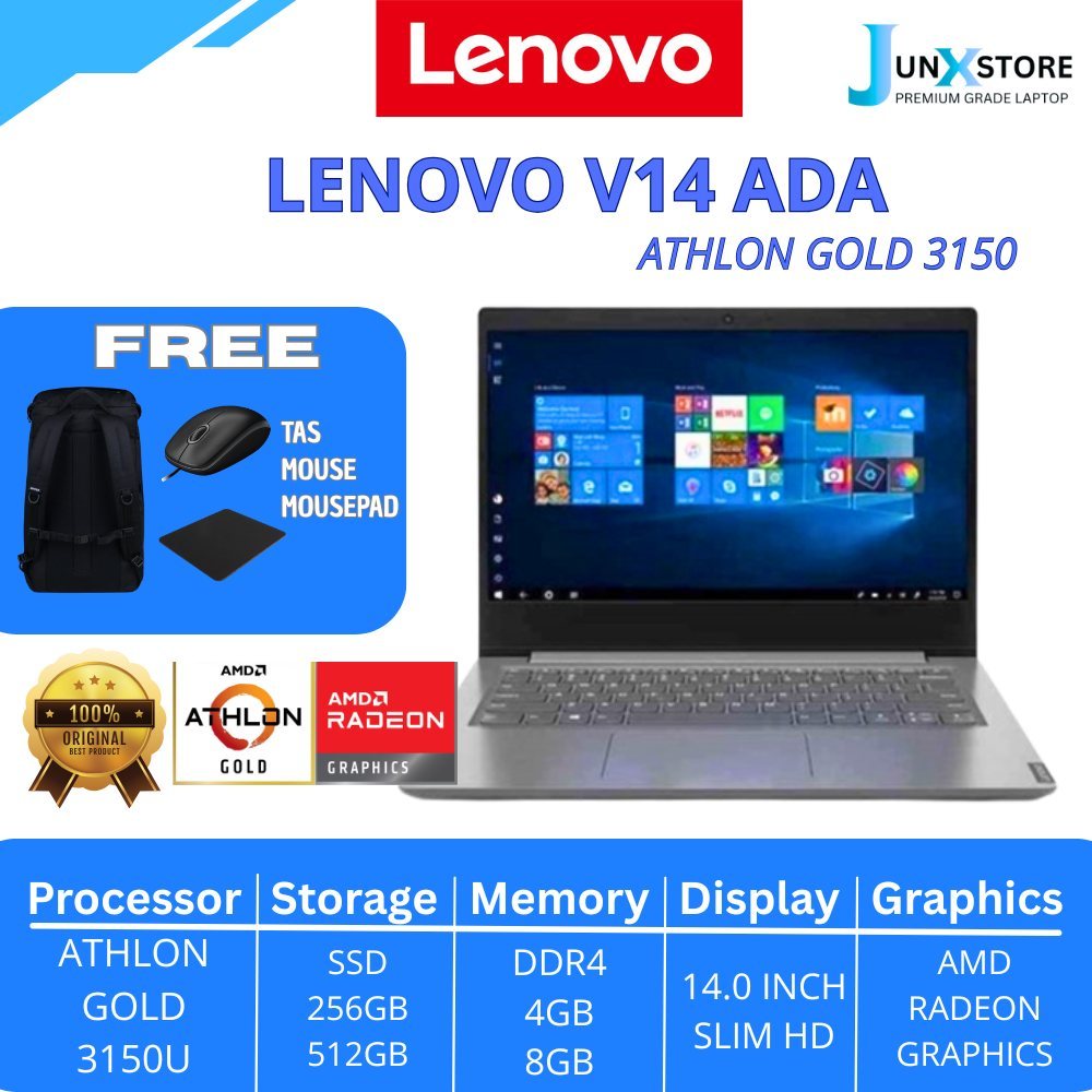 Laptop LENOVO V14 ADA Athlon Gold 3150U RAM 8GB SSD 512GB 14 Win10 + Office FREE Tas Mouse Laptop Ka