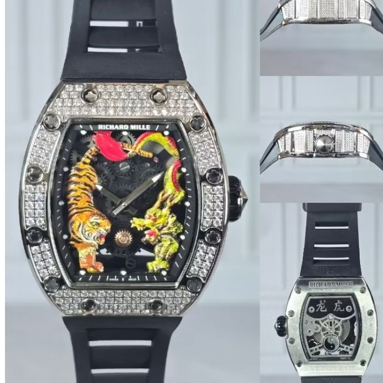 Jam Tangan RM051 Jackie Chan Dragon & Tiger Frosted Diamond Swiss Automatic Movement Silver Dial
