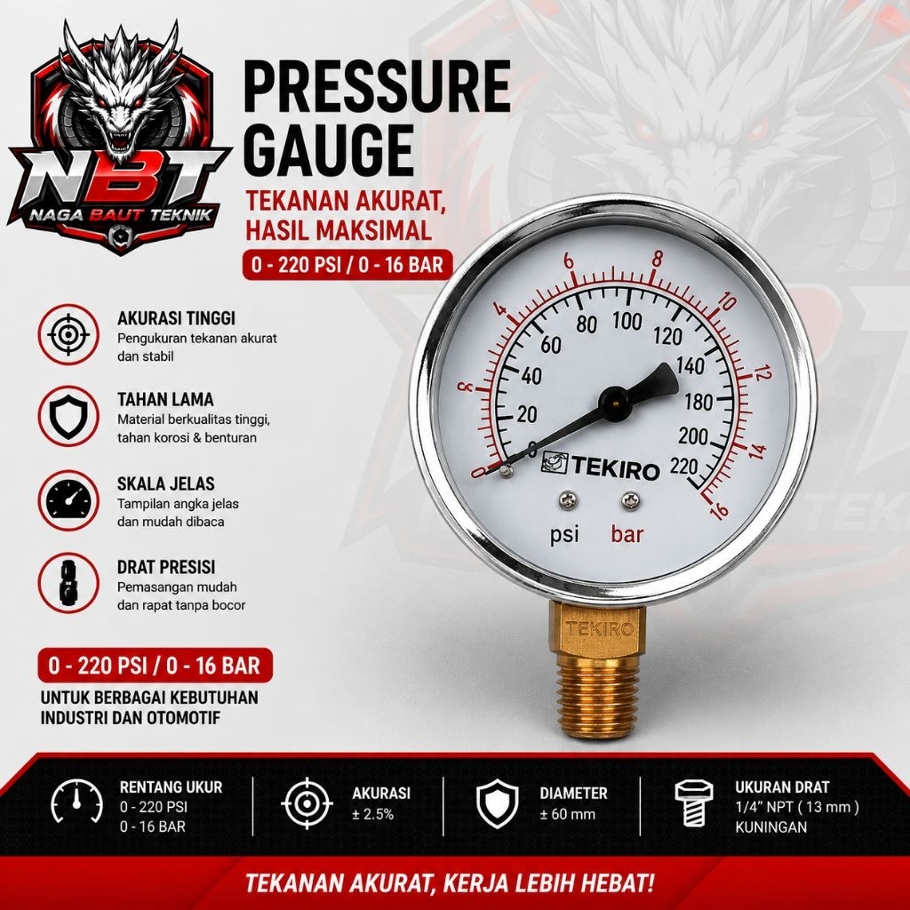 Pressure Gauge Manometer Kompresor - Tekiro - 16 Bar 25 Bar