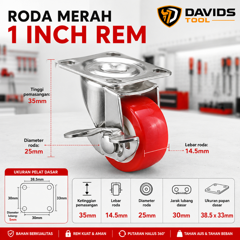 Roda Troli Kecil Ban Kastor Trolley Caster Castor Merah Lemari Meja 1 Inch Rem