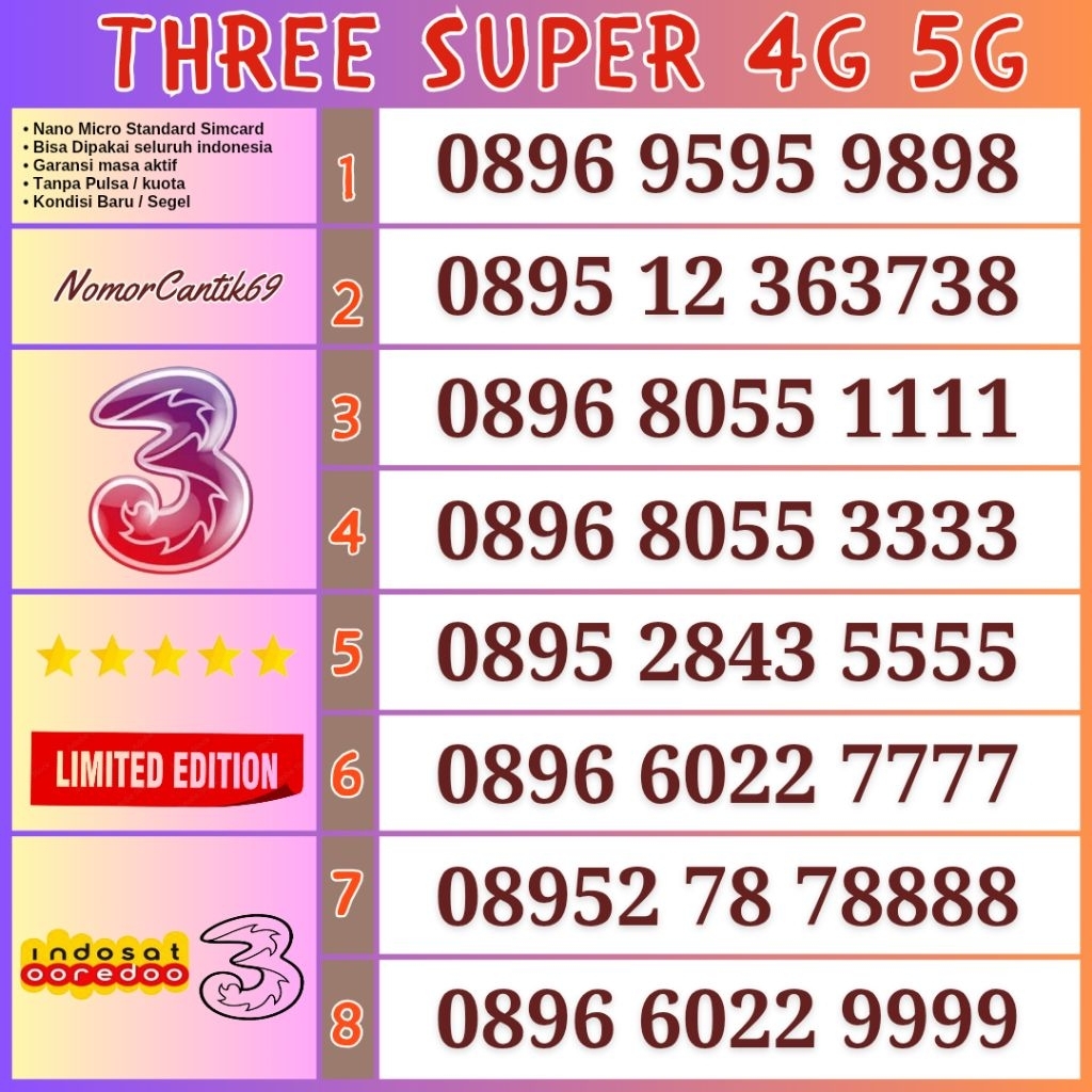 KARTU THREE - NOMOR CANTIK THREE PANCA 7777 8888 9999 KARTU THREE NOMOR TRI KARTU PERDANA KUOTA
