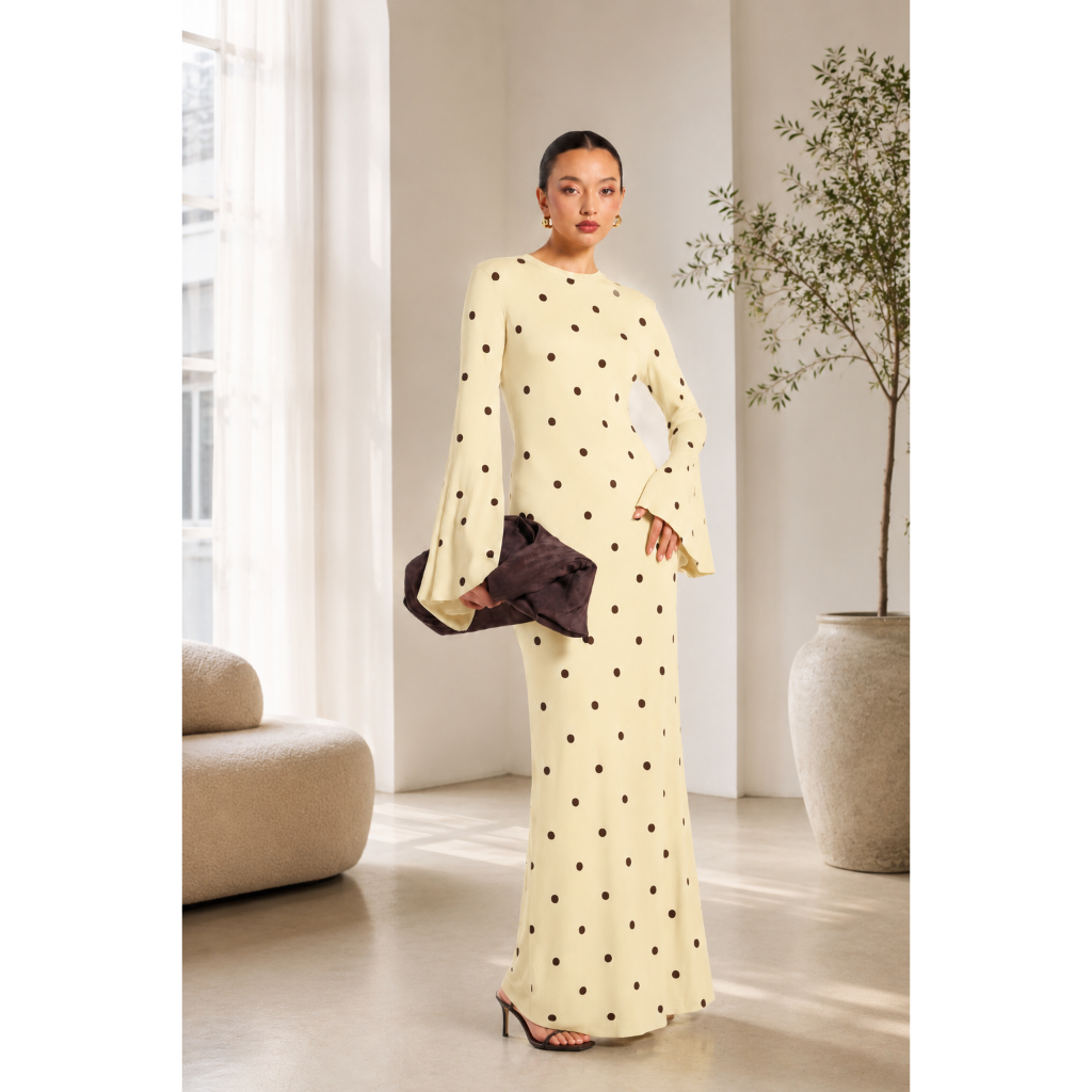 LUNARA MIDI DRESS POLKADOT, MIDI DRESS POLKADOT WANITA, MIDI DRESS HANGOUT KEKINIAN, DRESS POLKADOT 