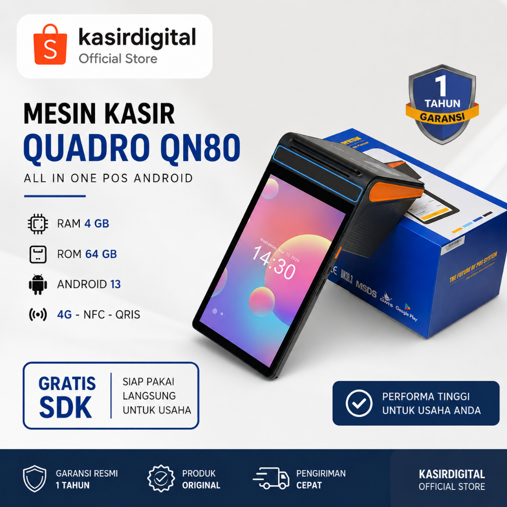 Mesin Kasir Tablet Dekstop POS 8 Inch Quadro QN 80R Android 13 RAM 4GB + 64GB 4G Built In Printer Th