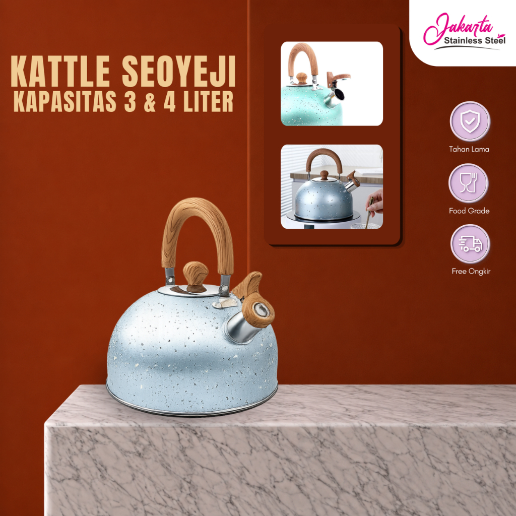 Jakarta SS - Teko Siul Metalik 3 Liter / 4 Liter Teko Pemanas Air Estetik Teko Stainless Gagang Kayu