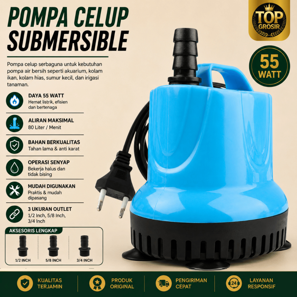 Pompa Air Celup Kolam Pompa Akuarium 55 Watt Mesin Air Submersible Pompa Kolam Sirkulasi Air Terjun