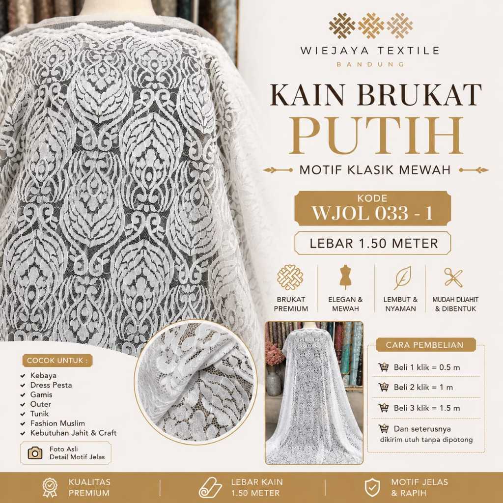 0,5 Meter Kain Brukat Putih Motif Klasik Mewah Lebar 1.50 Meter | Brokat Premium untuk Kebaya, Dress