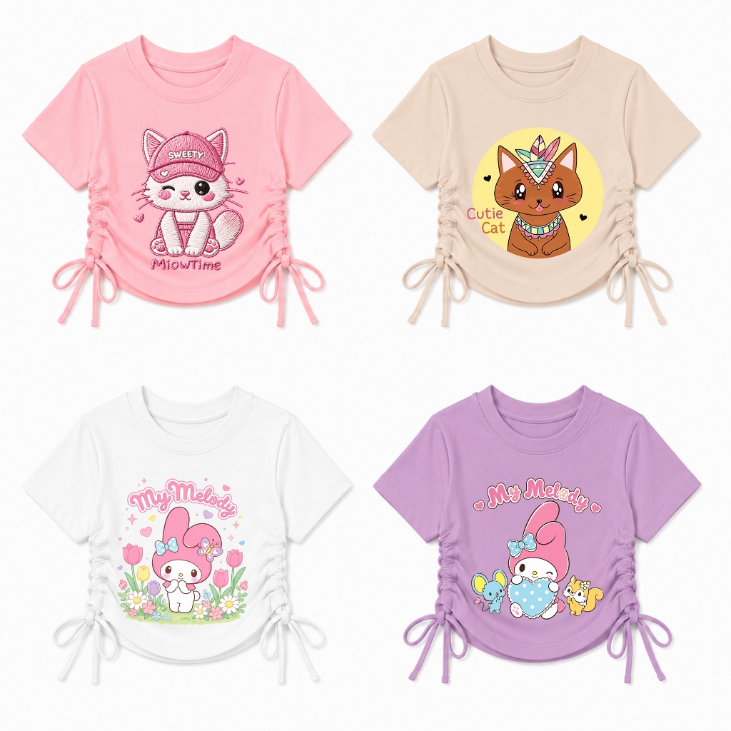 Kaos Anak Cewek Serut Crop Lucu Tali Serut Samping | T-shirt Anak Perempuan Usia 1 - 12 Tahun Kartun