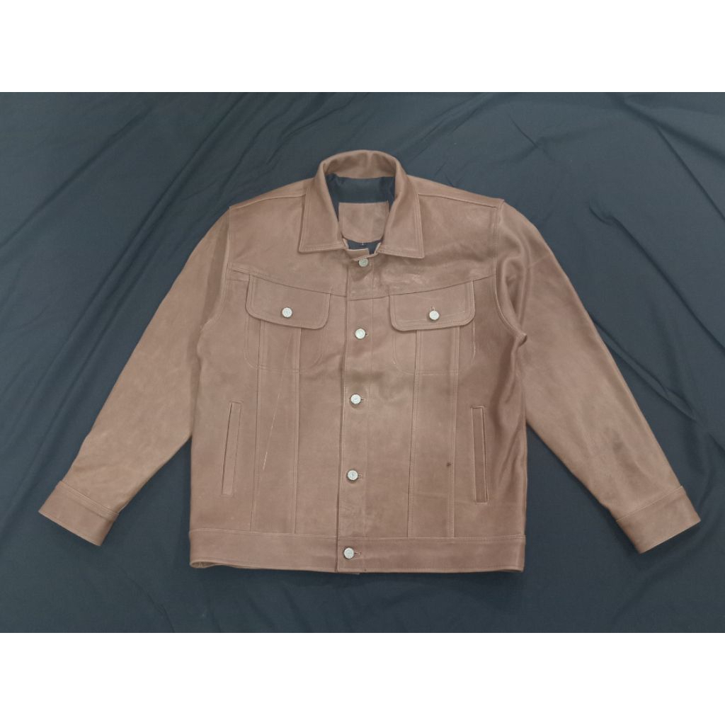 Premium Glossy Cowhide Leather Trucker Jacket - Tan Classic Edition