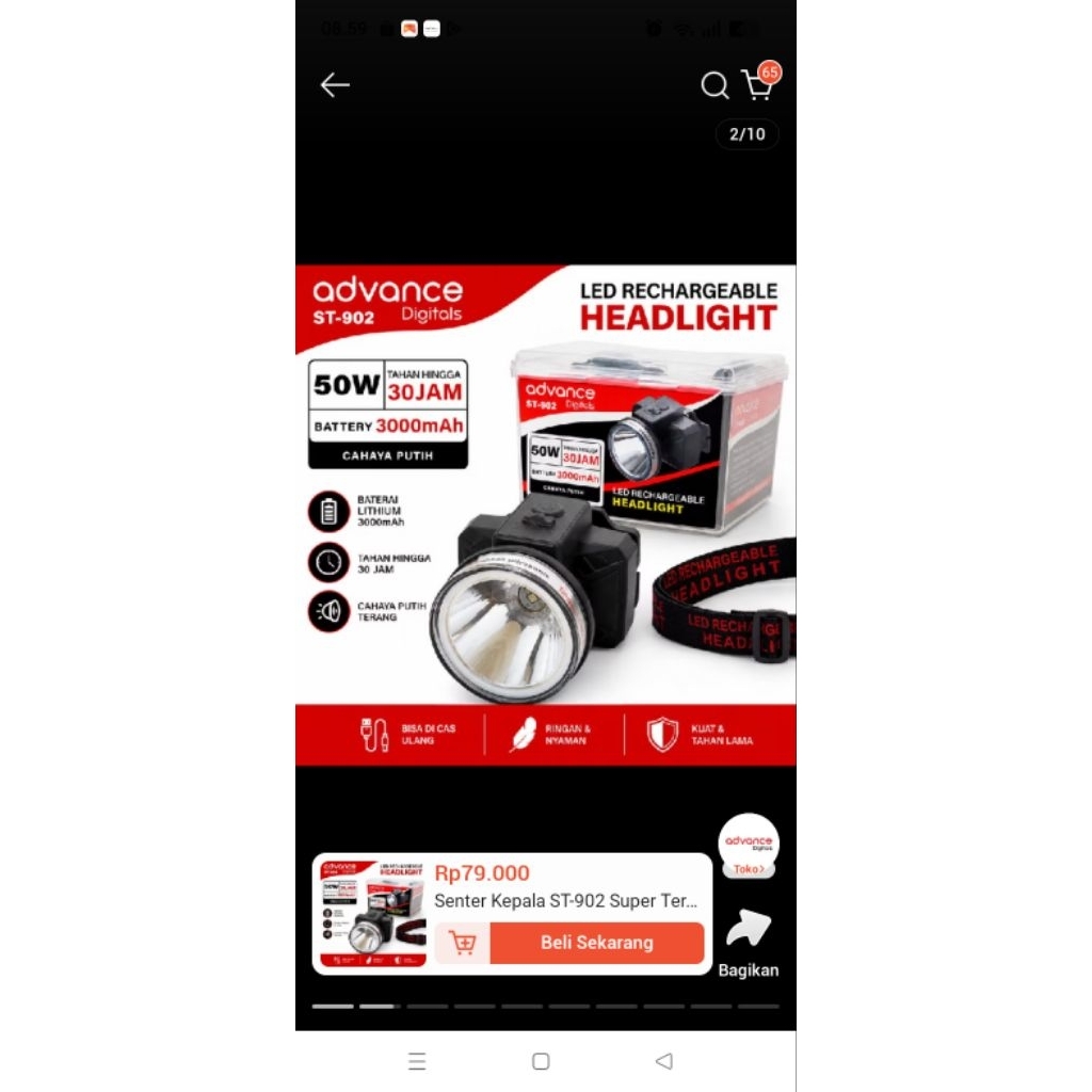 SENTER KEPALA LED 50WATT/ SINTAR KAPALA