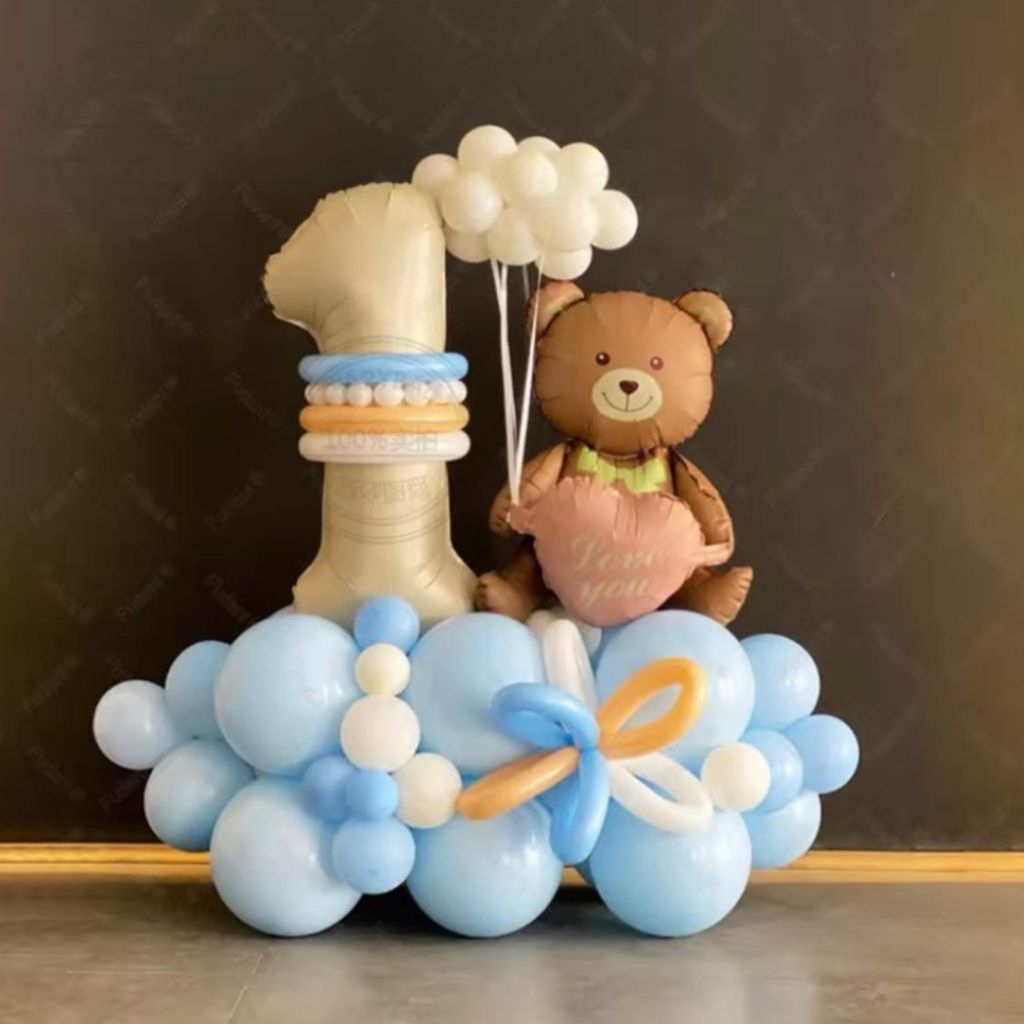 Set balon foil angka milk beige jumbo retro tema beruang awan bear retro balloon dekorasi balon beru