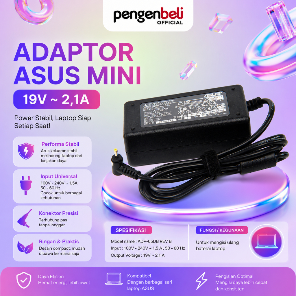 ADAPTOR LAPTOP ASUS MINI BLACK CHARGER NOTEBOOK 19V - 2.1 A CAS HITAM CAS LAPTOP ASUS JARUM