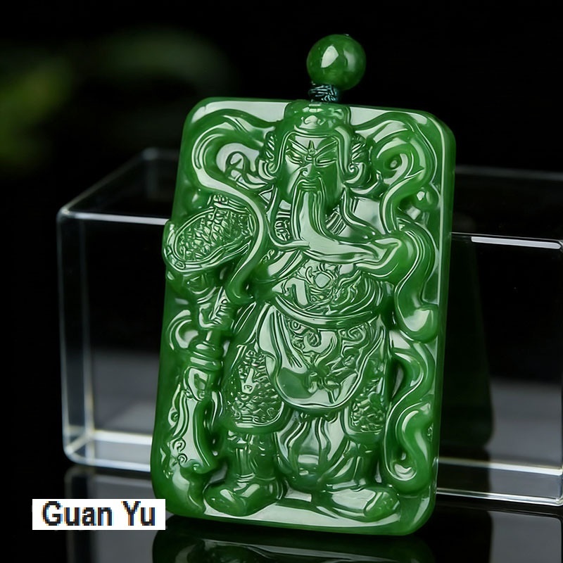 kalung liontin giok hijau Mongolia natural ukiran petak Guan Yu Kwan Kong Guan Gong Kwan Ie