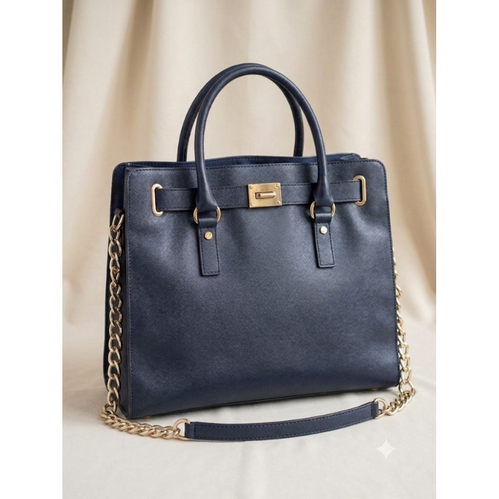 Tas Selempang Michael Kors MK Hamilton Navy Blue Original Preloved Handbag Kerja Wanita Kulit Saffia