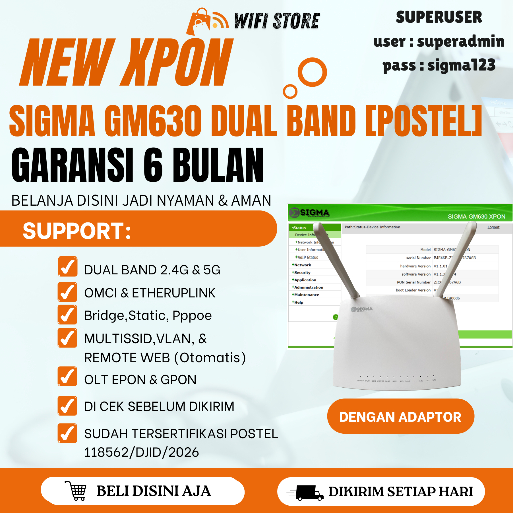 NEW XPON EPON GPON SIGMA GM630 DUAL BAND OMCI BERGARANSI