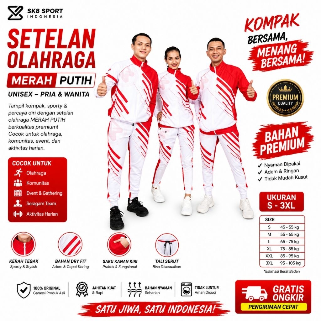 SETELAN BAJU OLAHRAGA PRIA WANITA SENAM SEPESIAL AGUSTUSAN SXB SPORT MERAH PUTIH JACKET JOGGER