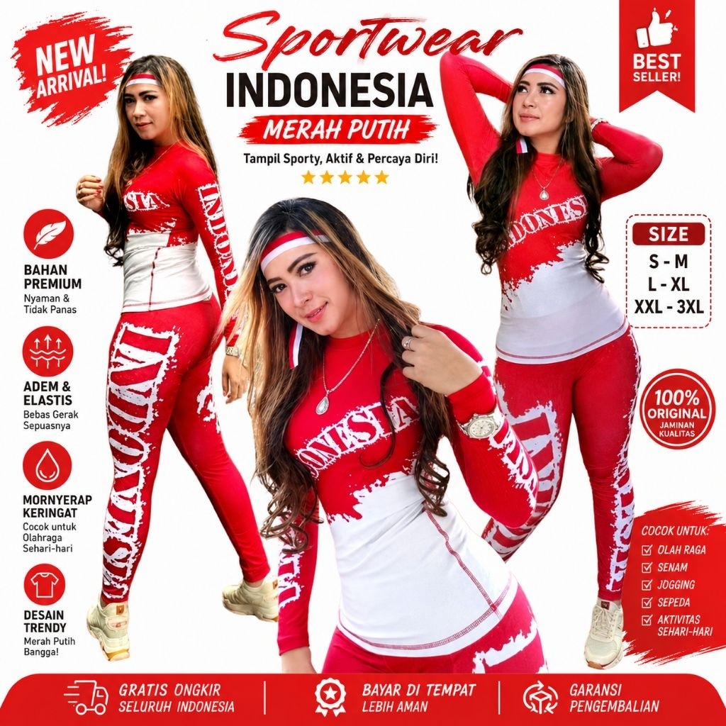 Setelan Baju Olahraga Senam Wanita Merah Putih Sxb Sport Long Sleeve Legging Compression