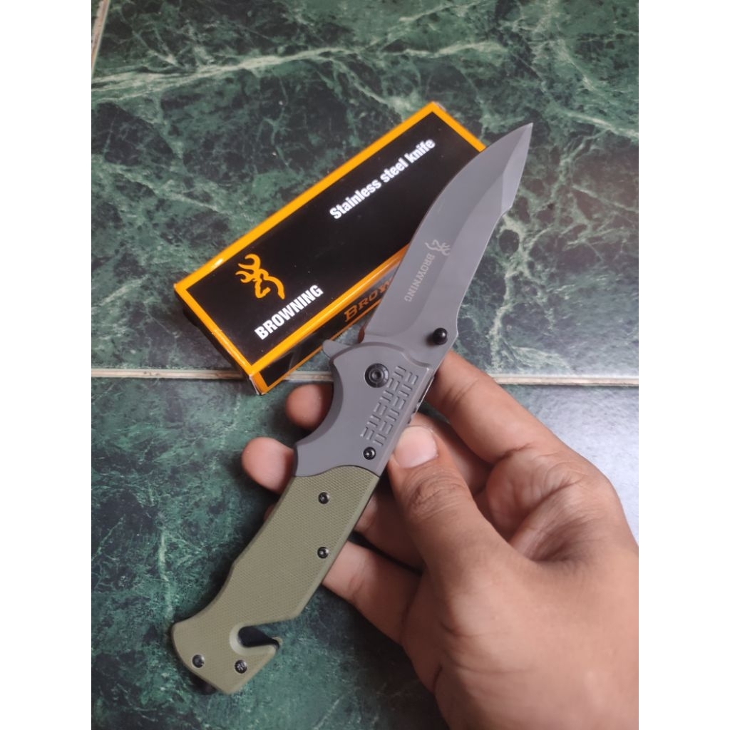 Pisau Survival Lipat Browning DA308 Hijau Outdoor Camping Bushcraft