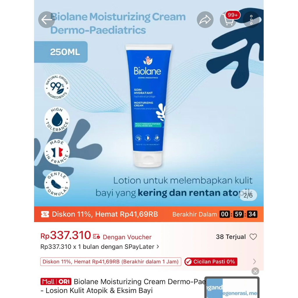 Biolane Moisturizing Cream Dermo- Losion Kulit Atopik & Eksim Bayi