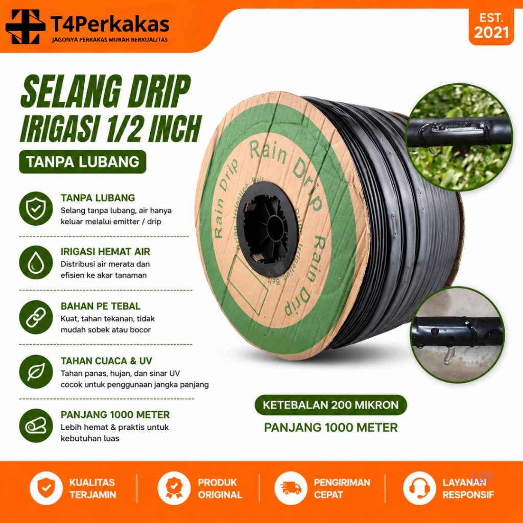 DRIP TAPE 1000 M Selang Drip Tanaman Pertanian 1/2 Inch Selang Pertanian Tanpa Lubang