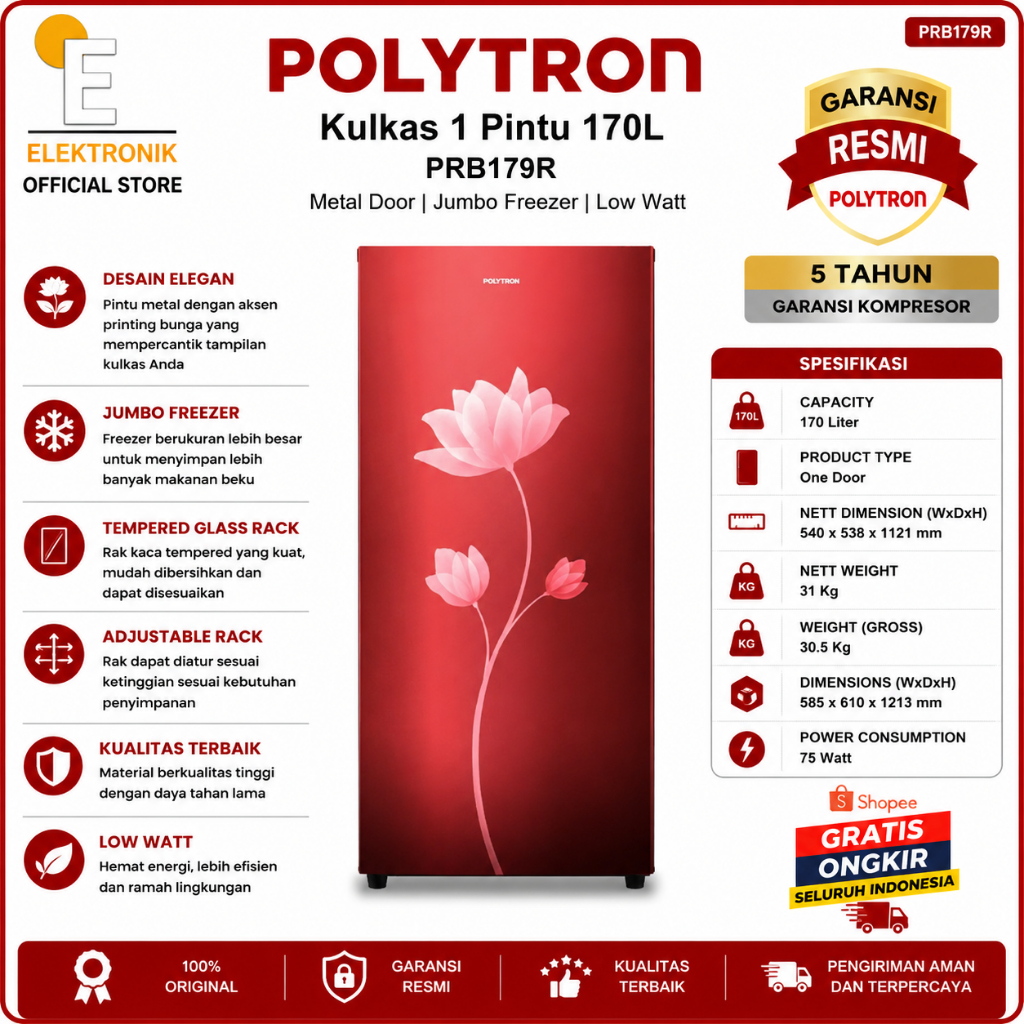 POLYTRON Kulkas 1 Pintu PRB179R 170L/PRB-179-R/PRB-179R/PRB 179 R/PRB 179R/KULKAS 1 PINTU POLYTRON/K