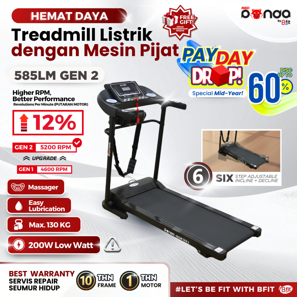 Treadmill Elektrik REDPANDA 585LM Multifungsi Listrik Lipat Portable Low Watt Fitness Gym