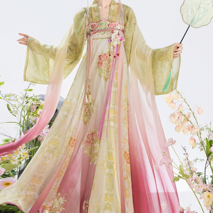 Hanfu Wanita Musim Semi & Panas [Taoxi Xiao], Gaun Qixiong Gaya Dinasti Tang Bordir Bunga Gradasi, C