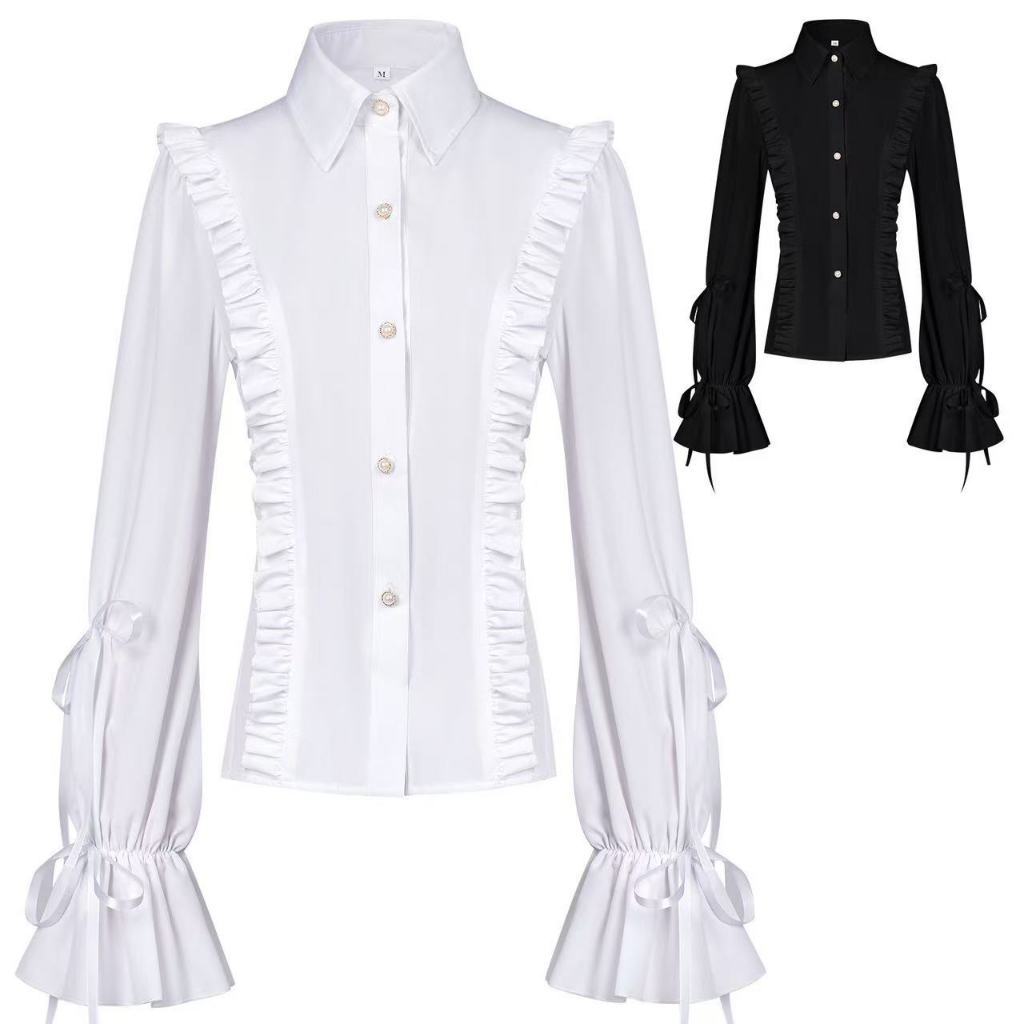 New Lolita Gothic style dark slimming Halloween long sleeved shirt with wavy lace Gothic shirt