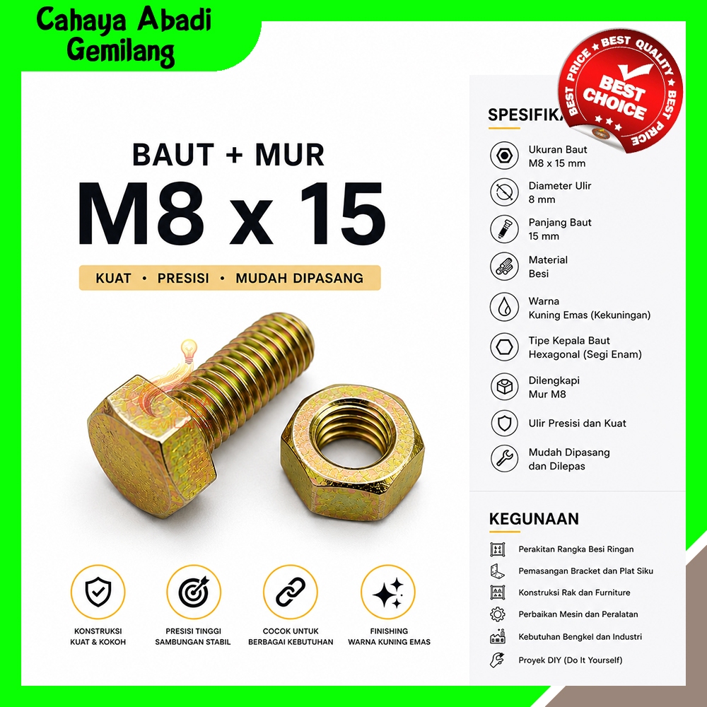Baut Mur Besi Siku Lubang 8x15 / M8x15 Kuning Kunci 12 / Baut Siku Lubang / Baut Mur M8 x 15 Kuning 