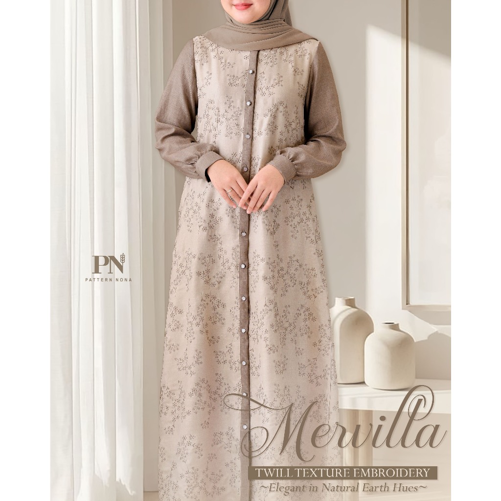 Pattern Nona Dress Mervilla Gamis Wanita Twill Bordir Mewah Jatuh | Limited Collection
