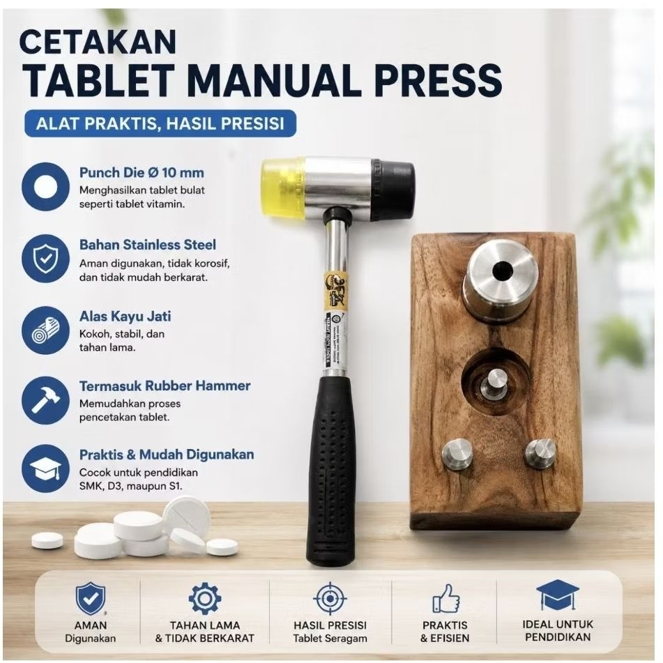 Cetakan Tablet Manual Press 10 mm Stainless Steel + Rubber Hammer | Alat Praktikum Farmasi SMK D3 S1