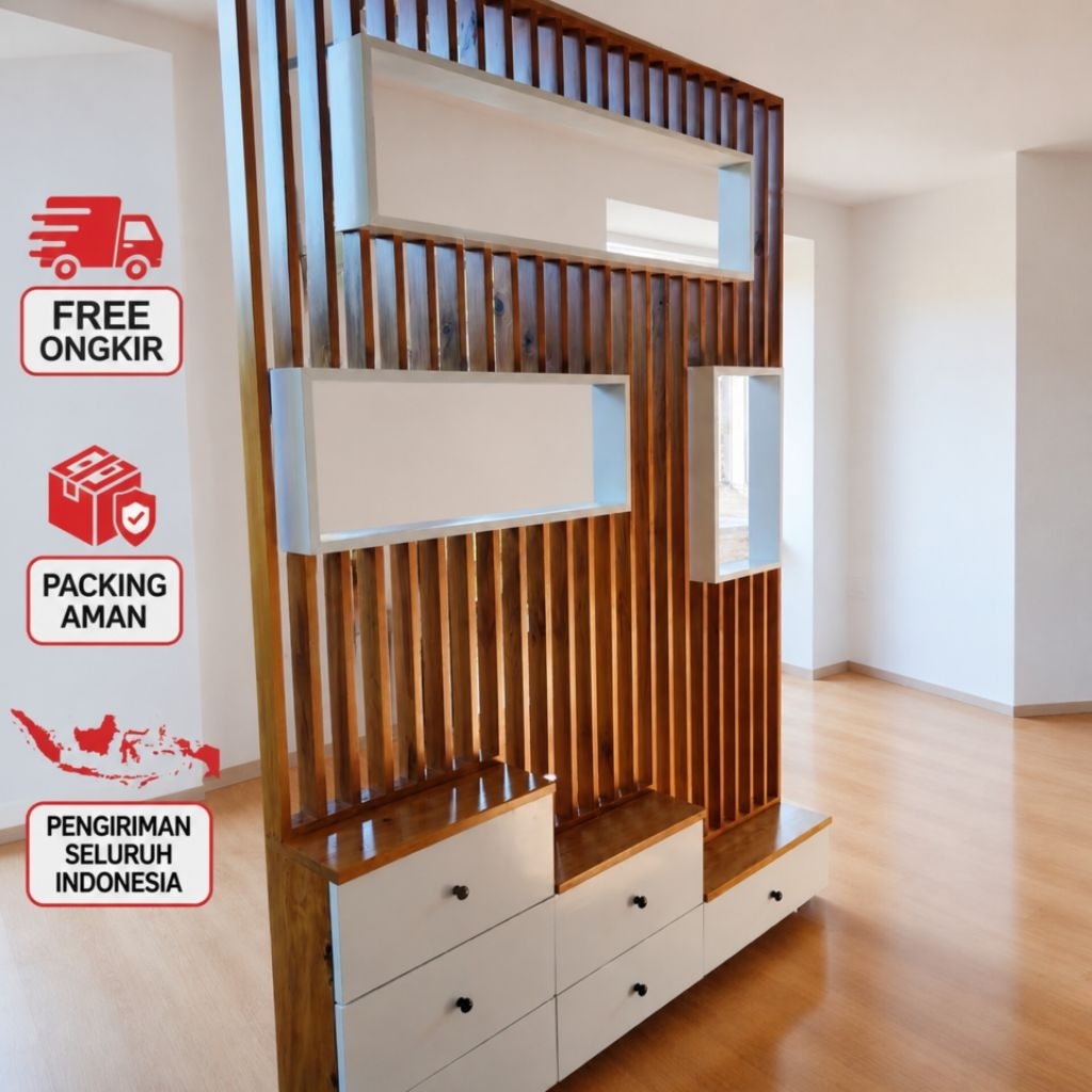 partisi sekat ruangan minimalis box laci kayu  anti lapuk