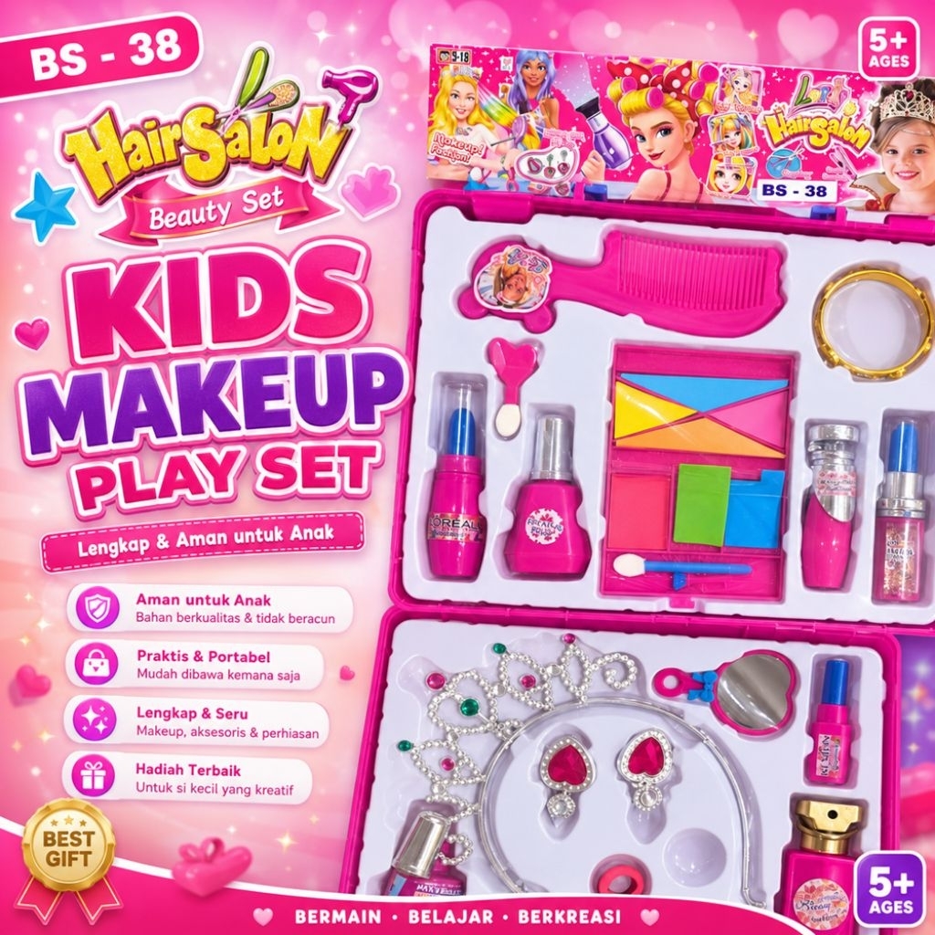 Mainan Makeup Anak Beauty Set Hair Salon BS-38 Koper Kosmetik Princess Lengkap dengan Aksesoris Mahk