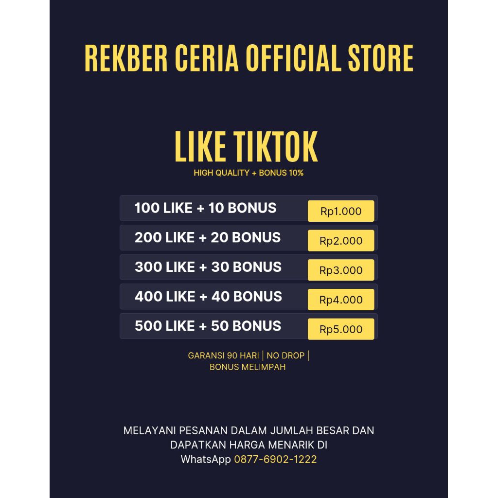 Like TikTok - No Drop - Garansi 90 hari - Proses Cepat - Bonus Tinggi 10% Per Pembelian.
