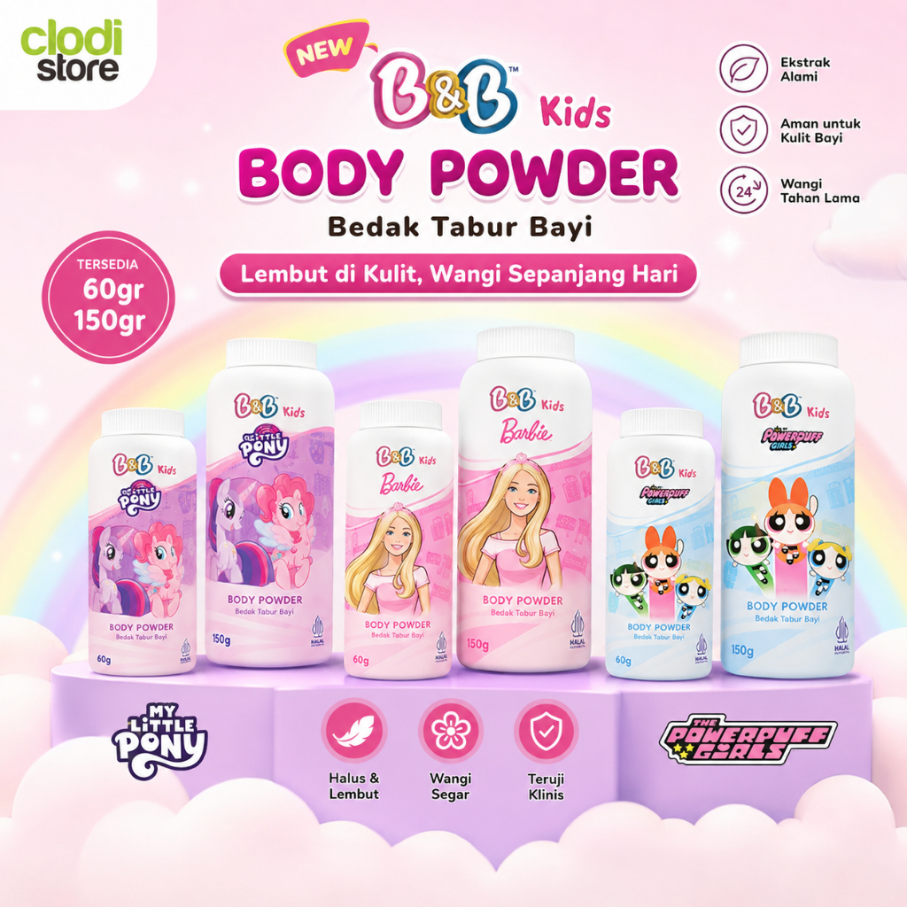B&B Kids Body Powder Kemasan 60gr 150 gr My Little Pony Barbie Powerpuff Girls Bedak Tabur Bayi