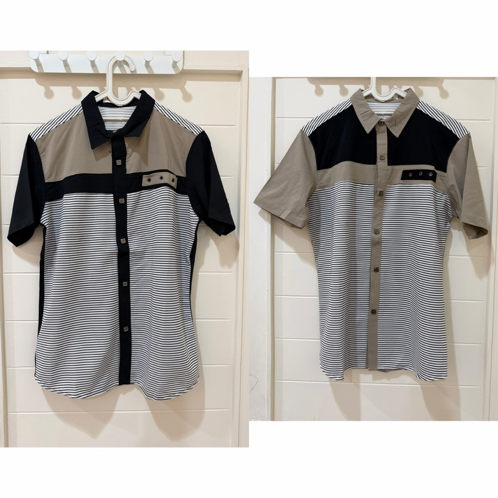 kemeja import salur stripes pria lengan pendek merk NXNITROX Navy
