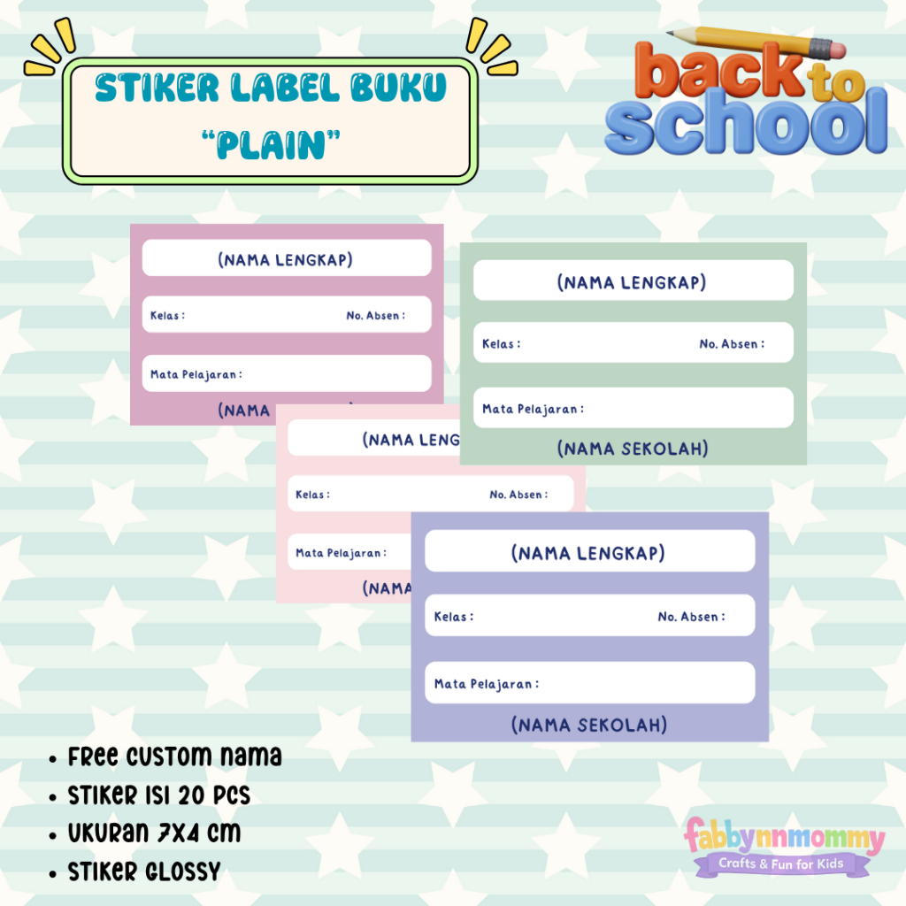 [FABBYNMOMMY] - 20 PCS STICKER LABEL BUKU CUSTOM/ STICKER LABEL BUKU POLOS/ STICKER BUKU ANAK CUSTOM