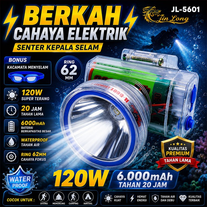 Jinlong Senter Kepala Selam Waterproof JL-5601 120 Watt Kapasitas Baterai 6000 mAh Gratis Kacamata