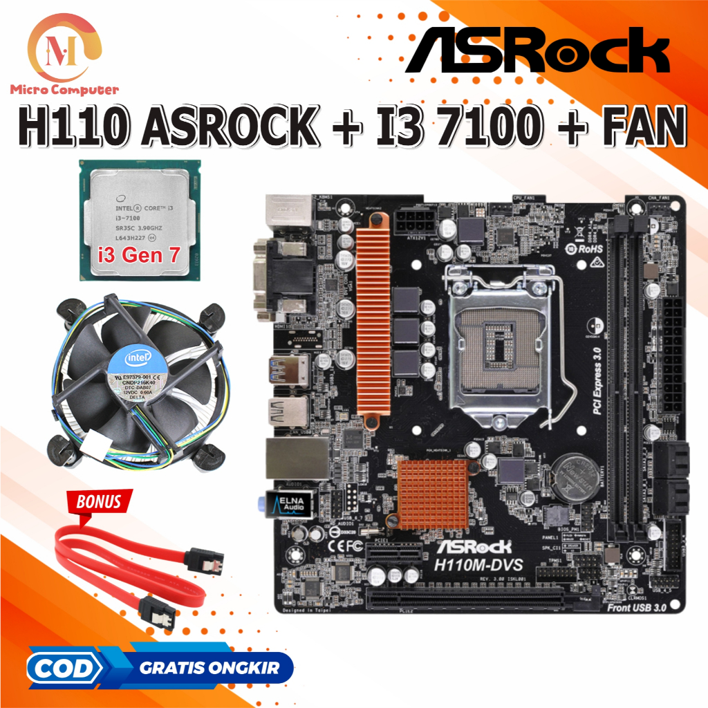 Paket Mainboard Mobo Motherboard H110 Intel LGA 1151 DDR4 + Processor Core i3 7100 + Fan