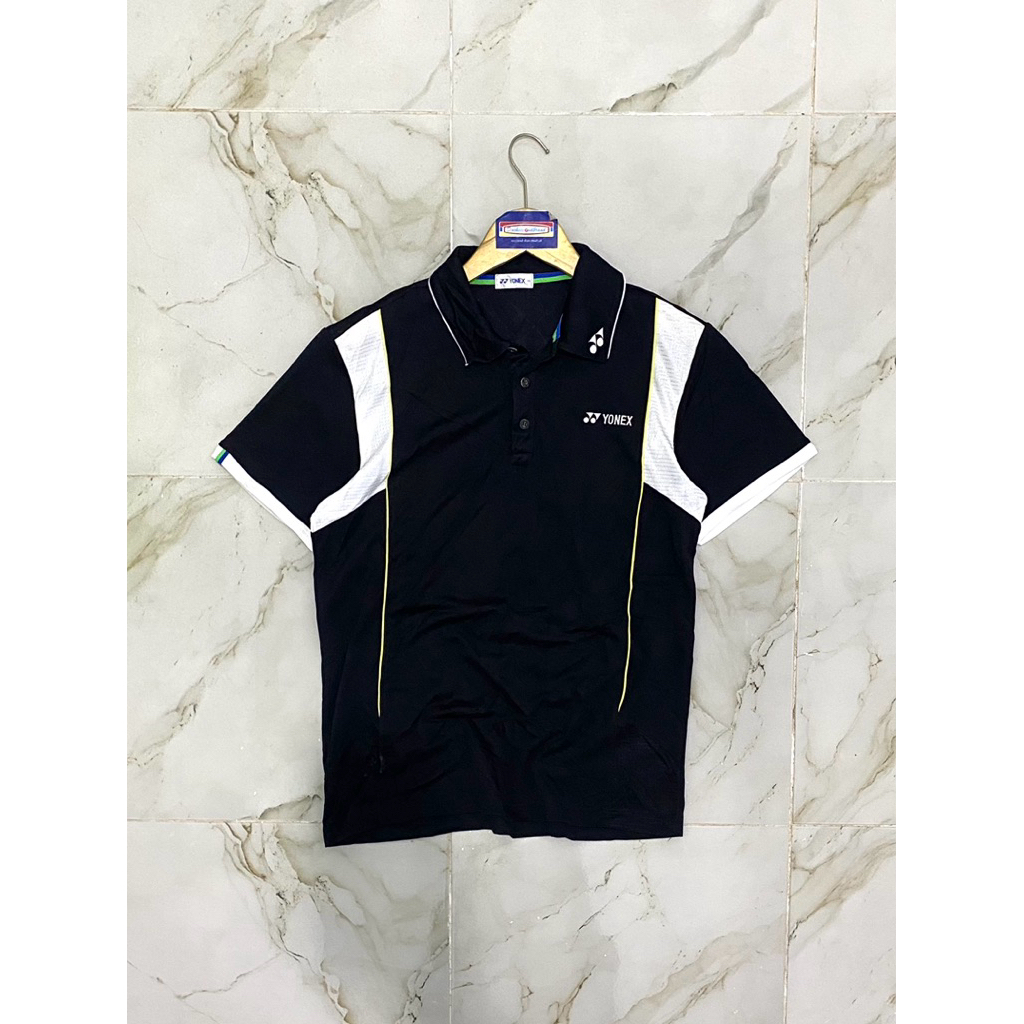 Jersey olahraga badminton bulu tangkis kaos kerah poloshirt Yonex Hitam motif putih second