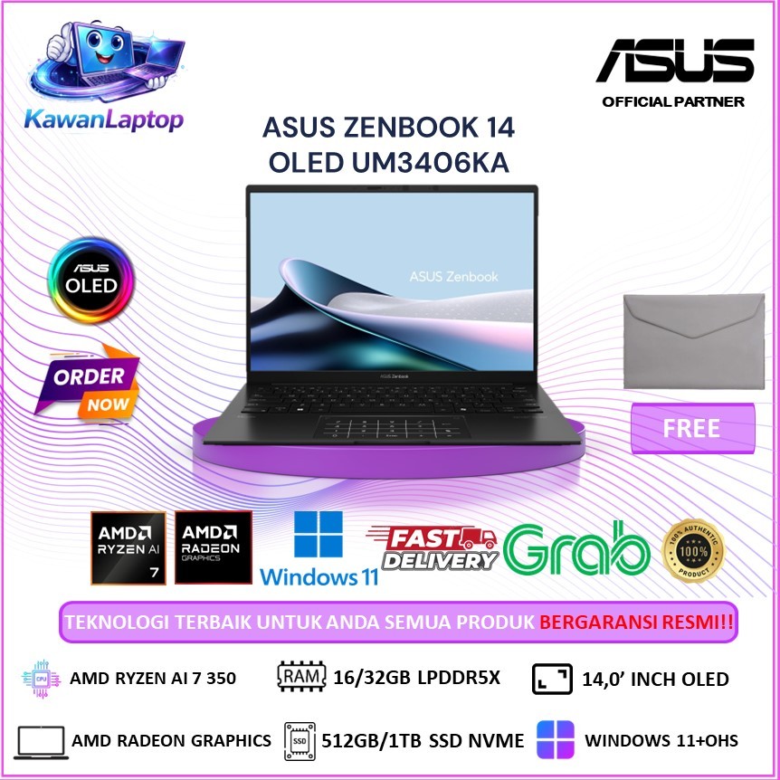 ASUS ZENBOOK 14 OLED UM3406KA - ADM RYZEN AI 7 350 32GB 1TB W11+OHS+M365B 14.0 2K