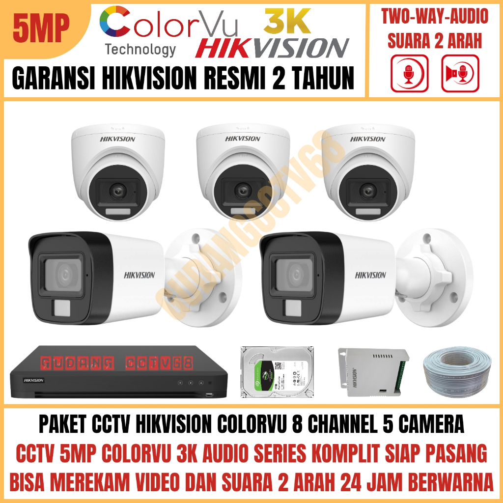 Paket CCTV HIKVISION COLORVU 8 Channel 5 Camera 5MP 3K Full Colour AUDIO TWO WAY Komunikasi 2 ARAH