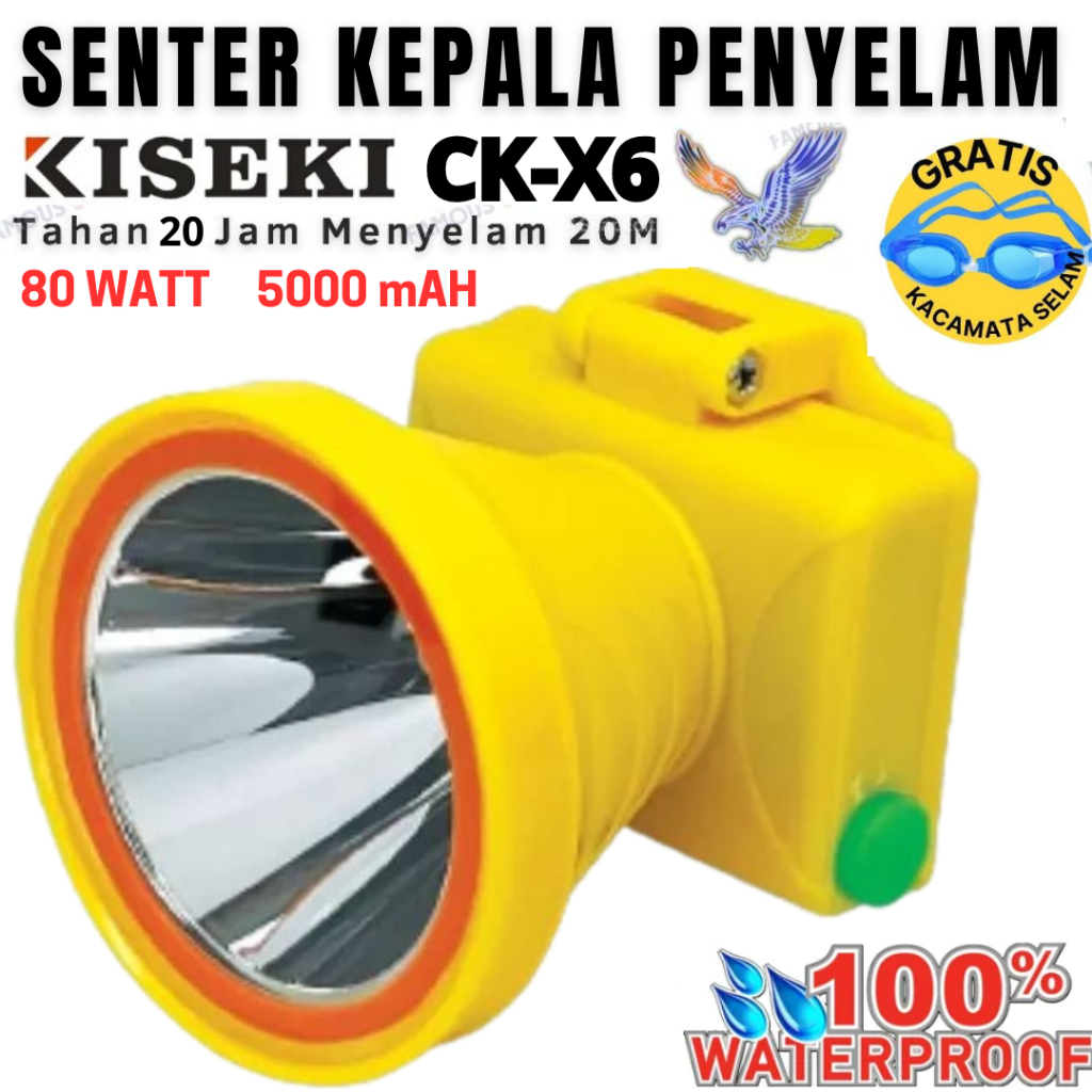 KISEKI Headlamp 80W KISEKI CK-X6 Cahaya Putih Baterai 7200mAh Anti Air Free Kacamata Selam