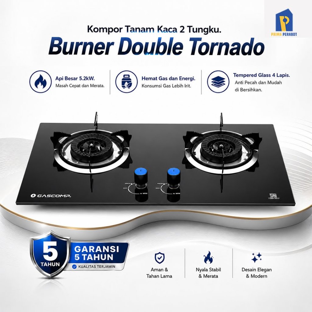 Kompor Tanam Gascomp 2 Tungku Double Tornado Kaca Tempered Kompor Gas Built In Hemat Gas ST-02