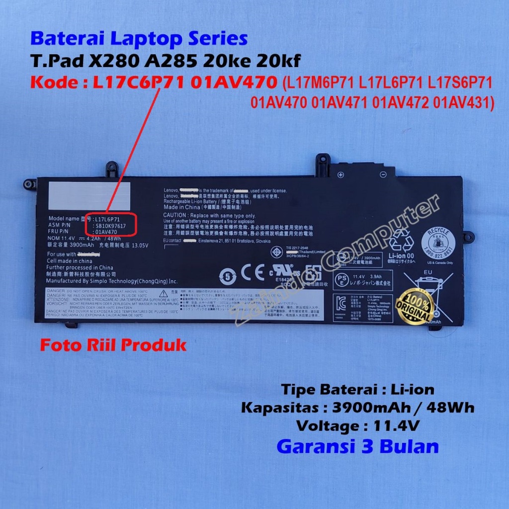 KODE L17C6P71 L17M6P71 L17L6P71 L17S6P71 BATERAI THINKPAD X280 A285 20KE 20KF -01AV470 01AV470 01AV4